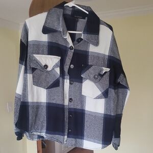 Navy Blue and White Plaid Button-Up Shirt